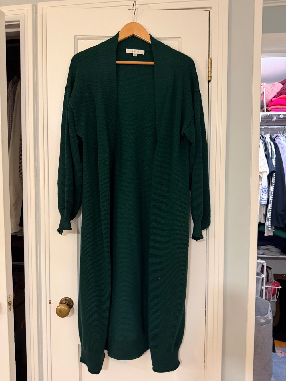 Anthropologie Flat White Long Open-Front Knit Cardigan in Deep Forest Green
